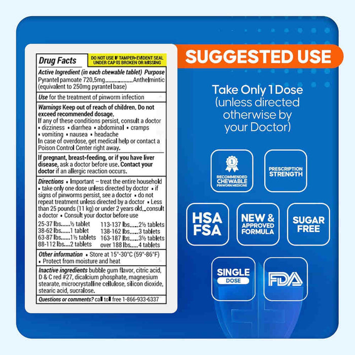 Drug label with 'Suggested Use' and product details on a blue background