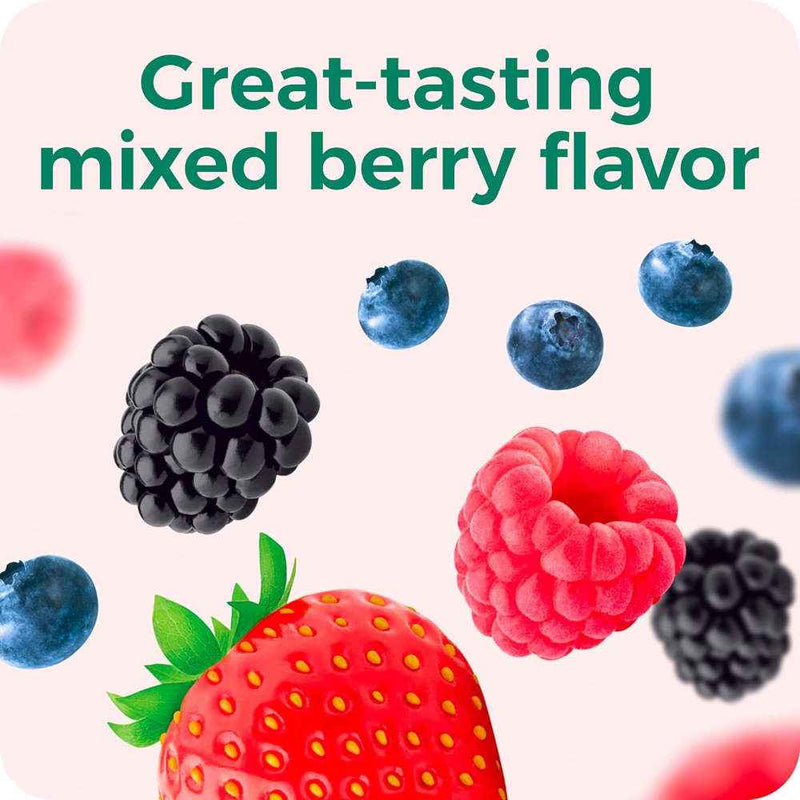 Mixed berries including strawberries, blueberries, and blackberries with text 'Great-tasting mixed berry flavor' on a light pink background.