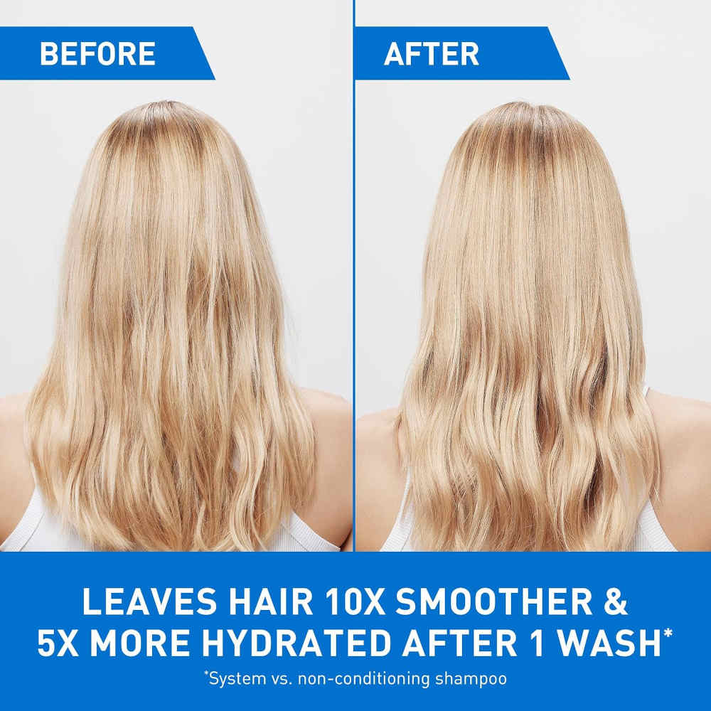 CeraVe Gentle Hydrating Shampoo before and after comparison of a woman's blonde hair, showing wavy, frizzy hair on the left labeled BEFORE, and smoother, shinier hair on the right labeled AFTER. Text at the bottom reads: 'LEAVES HAIR 10X SMOOTHER & 5X MORE HYDRATED AFTER 1 WASH'.