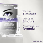 Bausch + Lomb Lumify Preservative Free redness reliever eye drops packaging with product and promotional text on a light gray background