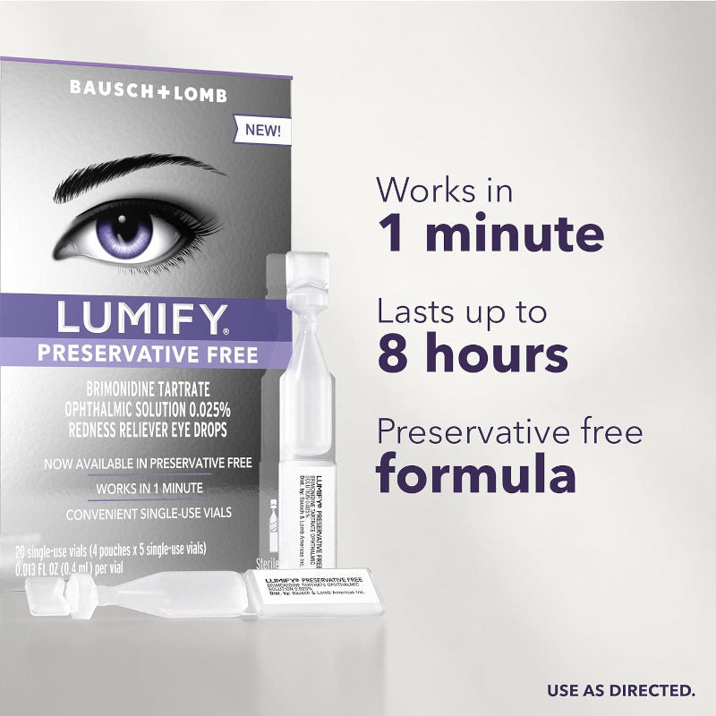 Bausch + Lomb Lumify Preservative Free redness reliever eye drops packaging with product and promotional text on a light gray background