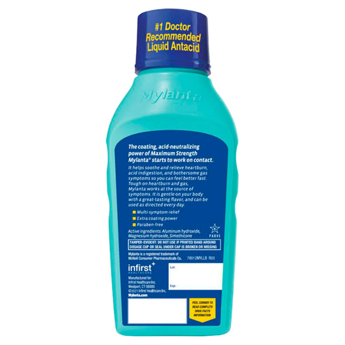 Mylanta Maximum Strength Antacid And Anti Gas Liquid Classic Flavour 12 Oz Usage Instructions On Reverse OF Product Bottle