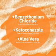 Orang eVeterinary Formula Clinical Care Antiseptic & Antifungal Shampoo  graphic lists benzethonium chloride to reduce bacteria, ketoconazole to target fungal and yeast infections, and aloe vera to soothe irritated skin; clean, clinical tone.