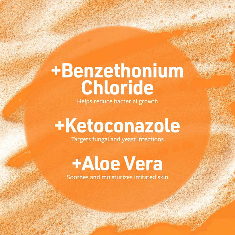 Orang eVeterinary Formula Clinical Care Antiseptic & Antifungal Shampoo  graphic lists benzethonium chloride to reduce bacteria, ketoconazole to target fungal and yeast infections, and aloe vera to soothe irritated skin; clean, clinical tone.