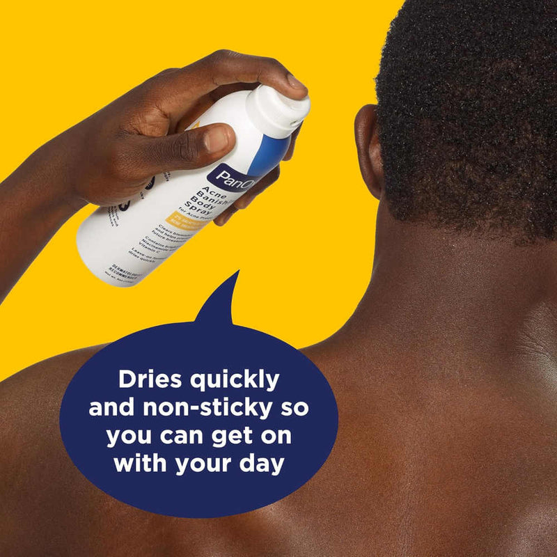 A person shown from the back with a hand spraying a PanOxyl Acne Banishing Body Spray  bottle onto the skin. A dark blue speech bubble says it dries quickly and non-sticky so you can get on with your day, against a bright yellow background.