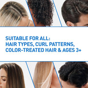 Collage of different hair types with text indicating that CeraVe Gentle Hydrating Shampoo has suitability for all hair types, curl patterns, color-treated hair, and ages 3+.
