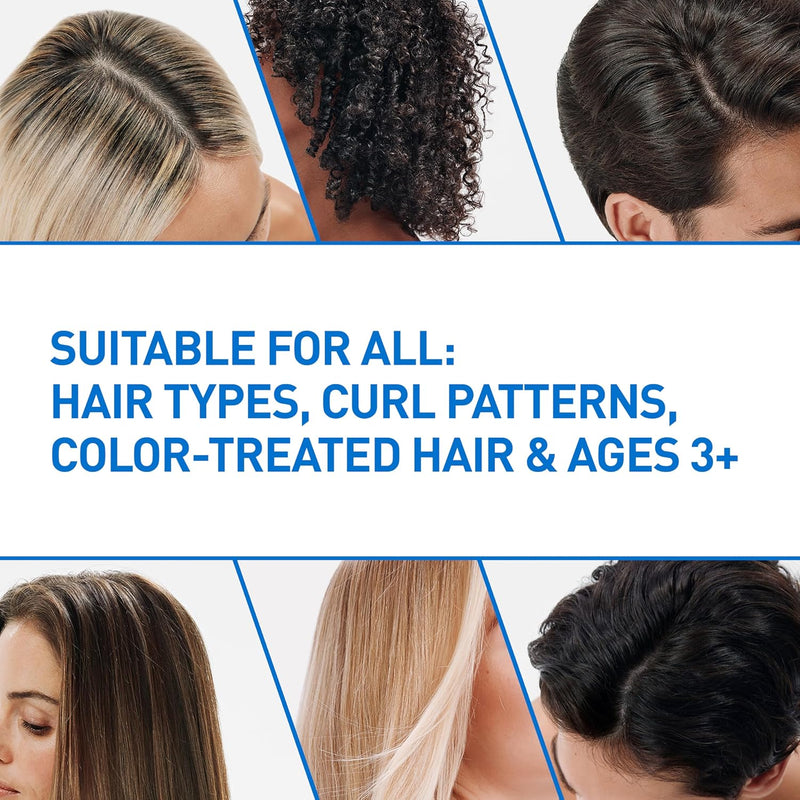 Collage of different hair types with text indicating that CeraVe Gentle Hydrating Shampoo has suitability for all hair types, curl patterns, color-treated hair, and ages 3+.