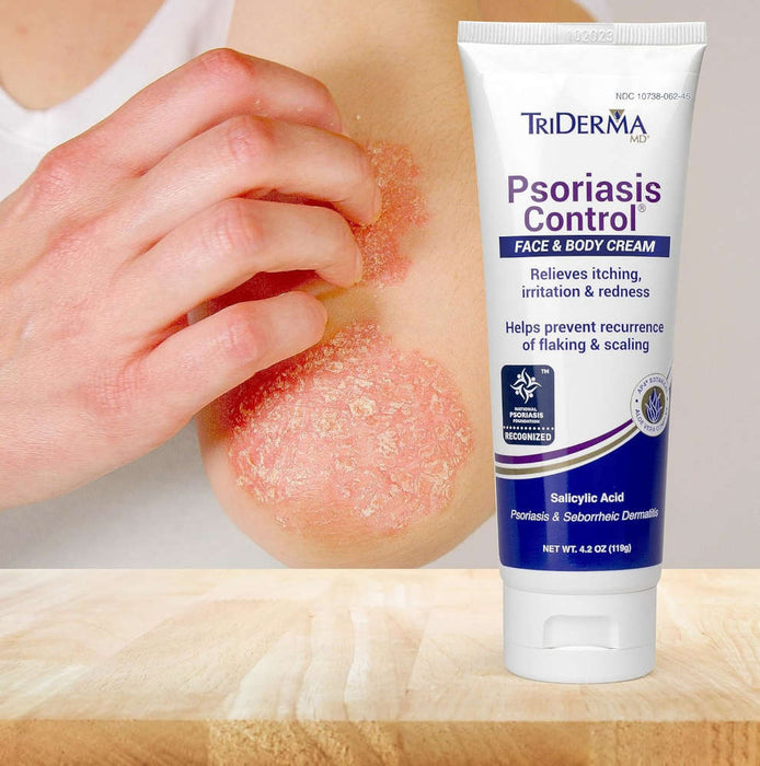 Triderma Psoriasis Control Face & Body Cream 4.2 Oz Banner Showing Person With Flaky Skin On Elbow