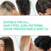 Collage of different hair types with text indicating suitability of CeraVe Oil Control  Shampoo for all hair types, curl patterns, color-treated hair, and ages 13+.