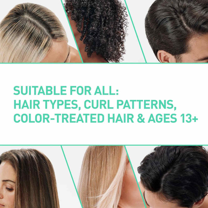 Collage of different hair types with text indicating suitability of CeraVe Oil Control  Shampoo for all hair types, curl patterns, color-treated hair, and ages 13+.