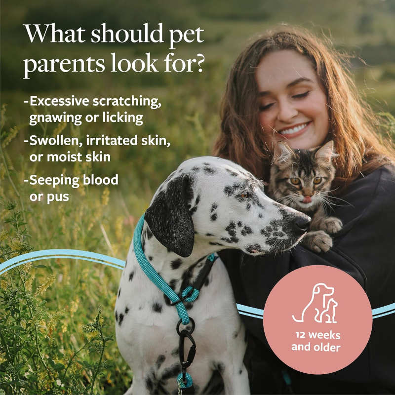 Veterinary Formula Clinical Care Dog Shampoo ad; A smiling woman hugs a spotted Dalmatian and kitten; text lists pet skin warning signs—scratching, irritation, or blood—and notes care from 12 weeks old.