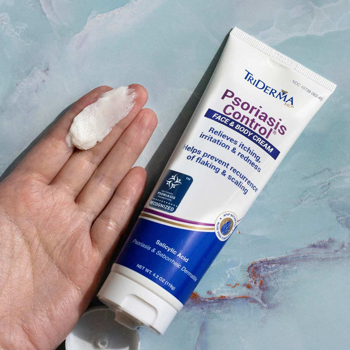 Triderma Psoriasis Control Face & Body Cream 4.2 Oz Banner Showing Person With Triderma Cream On Their Hand