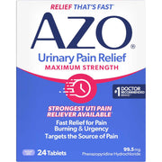 AZO Urinary Pain Relief Maximum Strength 24-tablet pack with 99.5mg phenazopyridine hydrochloride.