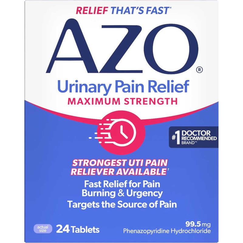 AZO Urinary Pain Relief Maximum Strength 24-tablet pack with 99.5mg phenazopyridine hydrochloride.