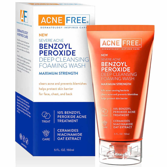 Acne Free Severe Acne Benzoyl Peroxide Deep Cleansing Foaming Wash 5 Oz Bottle And Outer Box In Front Of White Background