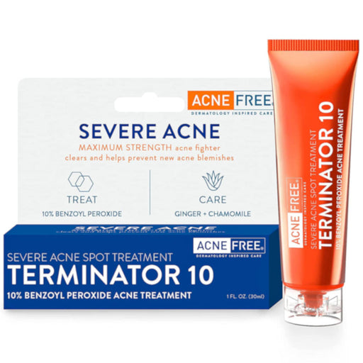 AcneFree Severe Acne Spot Treatment Terminator 10 Benzoyl Peroxide Cream 1 Oz Bottle And Outer Box In Front Of White Background