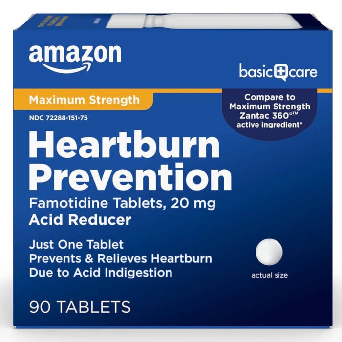 Amazon Basic Care Heartburn Prevention 20mg Famotidine 90 Tablets In Front Of White Background