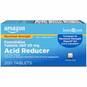 A box of Amazon Basic Care Maximum Strength Famotidine Tablets, 20 mg, Acid Reducer, 200 Tablets. The packaging is primarily blue with white and yellow text and accents, and features the Amazon logo on the left.