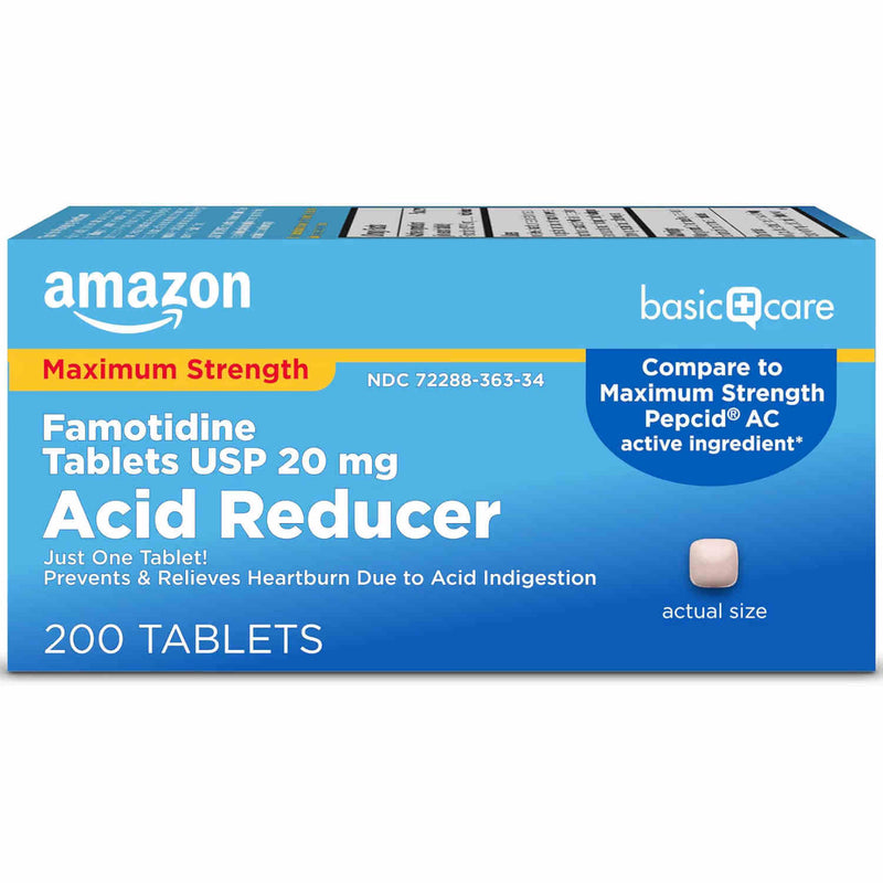 A box of Amazon Basic Care Maximum Strength Famotidine Tablets, 20 mg, Acid Reducer, 200 Tablets. The packaging is primarily blue with white and yellow text and accents, and features the Amazon logo on the left.