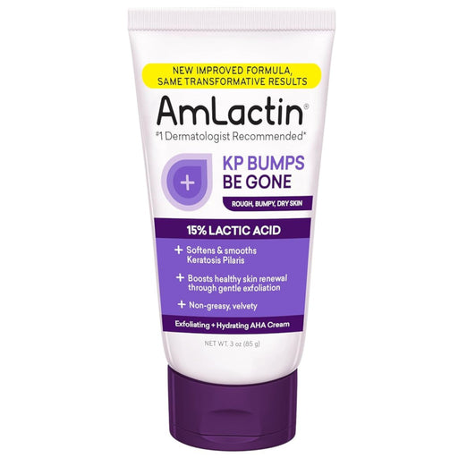 Amlactin KP Bumps Be Gone 15% Lactic Acid Moisturizing Cream 3 Oz Bottle In Front Of White Background