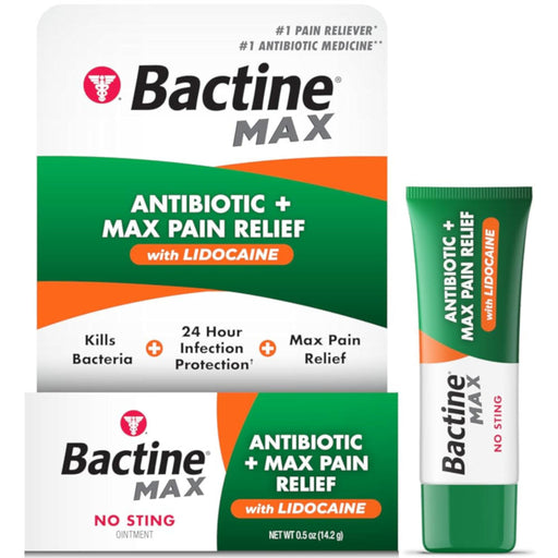 Bactine Max Antibiotic Plus Pain Relief Cream 0.5 Oz Outer Packaging And Tube In Front Of White Background