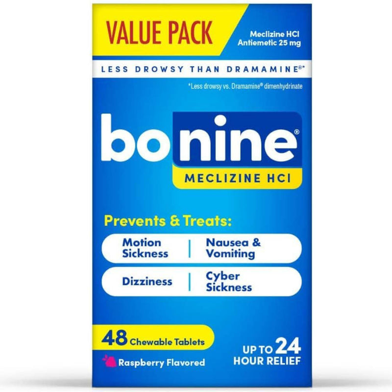 A boxed retail pack of Bonine Meclizine HCl chewable tablets, shown upright on a white background. The package is predominantly blue with yellow and white text and graphics, and it reads 'Value Pack,' '48 Chewable Tablets,' and 'Raspberry Flavored.
