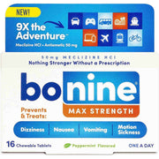 Front-facing package of Bonine Max Strength 9X the Adventure meclizine chewable tablets, shown on a plain white background. The box is blue and white with orange accents and includes flavor text for peppermint.