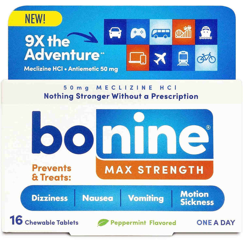 Front-facing package of Bonine Max Strength 9X the Adventure meclizine chewable tablets, shown on a plain white background. The box is blue and white with orange accents and includes flavor text for peppermint.