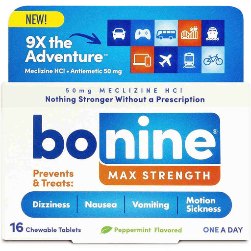 Front-facing package of Bonine Max Strength 9X the Adventure meclizine chewable tablets, shown on a plain white background. The box is blue and white with orange accents and includes flavor text for peppermint.