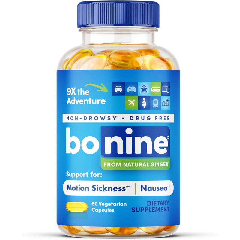 A bottle of bonine natural ginger motion sickness & nausea relief capsules on a plain white background. The bottle is clear, showing yellow capsules inside, and has a blue cap and a blue label with white and green text.
