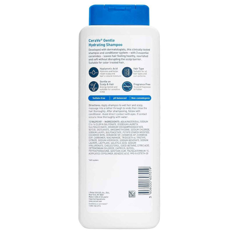 CeraVe Gentle Hydrating Shampoo back label with ingredients and directions