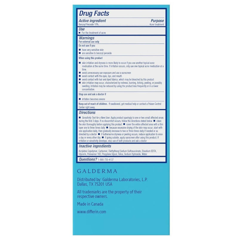 Drug facts show on back of Differin Acne Spot Treatment carton with 10% benzoyl peroxide, 1 oz