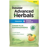 Dramamine Advanced Herbals Nausea And Stress Support 20 Tropical & ginger Lozenges In Front Of White Background