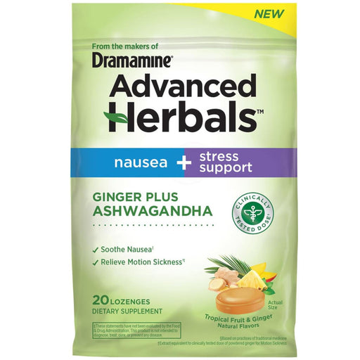 Dramamine Advanced Herbals Nausea And Stress Support 20 Tropical & ginger Lozenges In Front Of White Background
