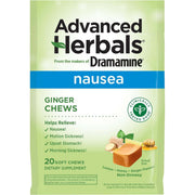 A package of Advanced Herbals of Dramamine Nausea Ginger Chews, featuring a light green and blue bag with illustrations of ginger root and honey.