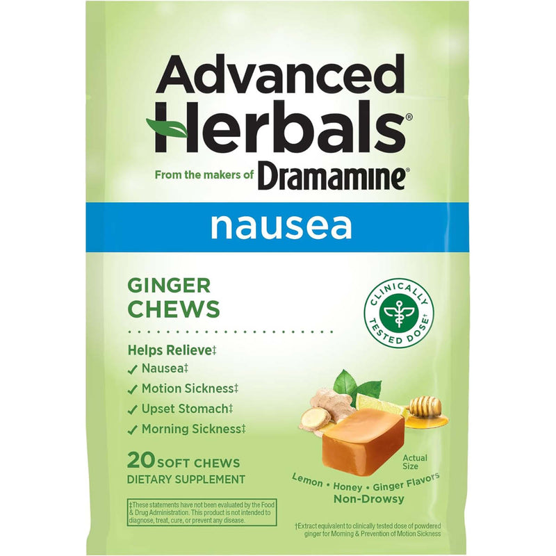 A package of Advanced Herbals of Dramamine Nausea Ginger Chews, featuring a light green and blue bag with illustrations of ginger root and honey.