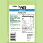 The back of a Dr. Drumme Advanced Herbs Nausea Ginger Chews package, showing the supplement facts, directions, warnings, and barcode on a light green background.