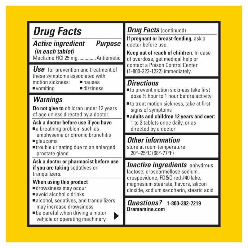Drug Facts panel for Dramamine motion sickness less drowsy chewable tablets, showing usage directions, warnings, and inactive ingredients on a white background with a yellow border.