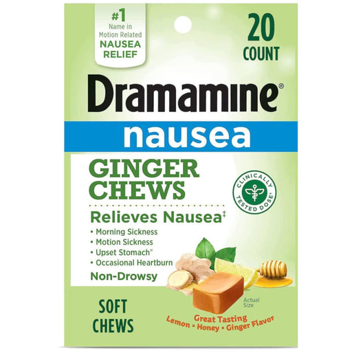 Dramamine Nausea Non=Drowsy Ginger Soft Chews 20 Count In Front Of White Background