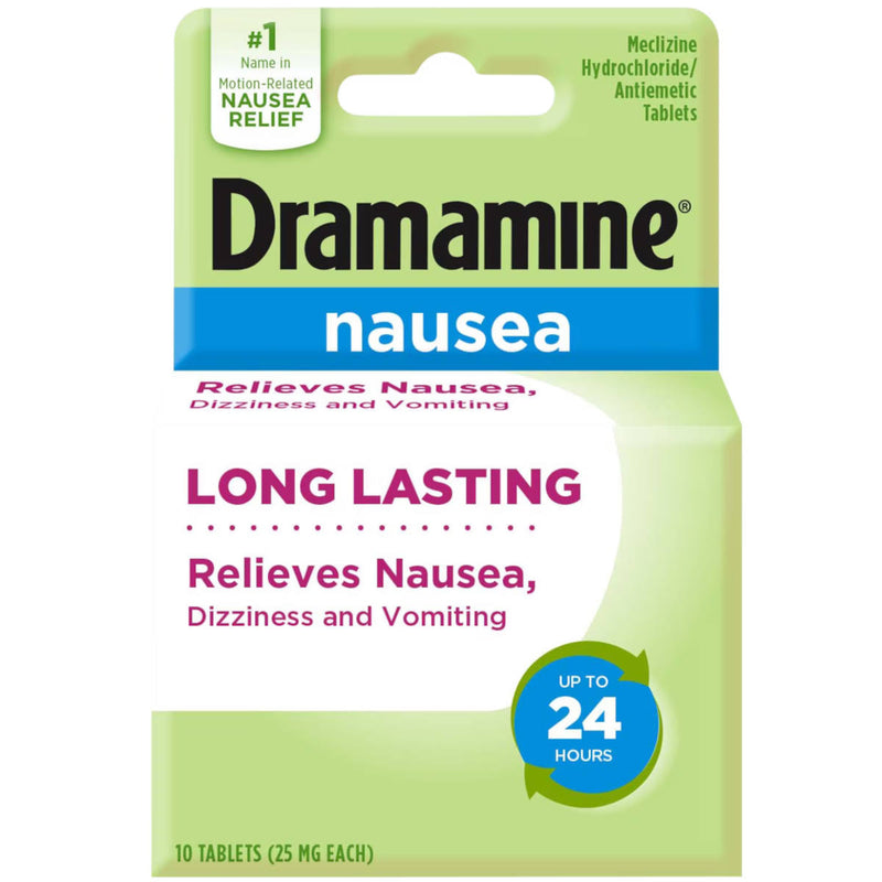 Dramamine Nausea Long Lasting box containing 10 tablets, featuring a light green and white design with a blue band and a blue 'up to 24 hours' badge.