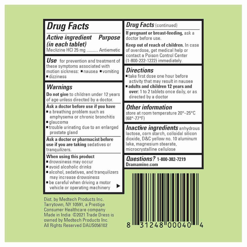 Drug Facts label for Dramamine Nausea Long Lasting tablets HCl 25 mg (antidiarrheal) showing active ingredients, directions, warnings, and contact information on a white background.