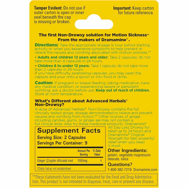Yellow Dramamine package insert with motion-sickness directions, warnings, and Supplement Facts for ginger-based, non-drowsy capsules.