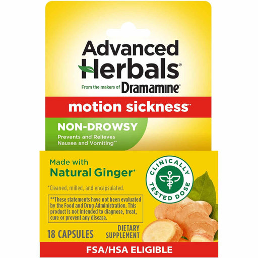 Yellow and green Advanced Herbals Dramamine box for motion sickness: non-drowsy capsules made with natural ginger, clinically tested dose; bright, reassuring packaging.