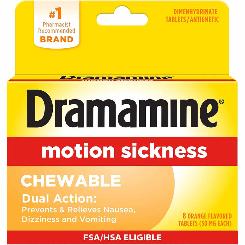 Dramamine motion sickness chewable tablets packaging box, orange flavor, 8 tablets, with a yellow and red design and a pharmacist recommended badge.