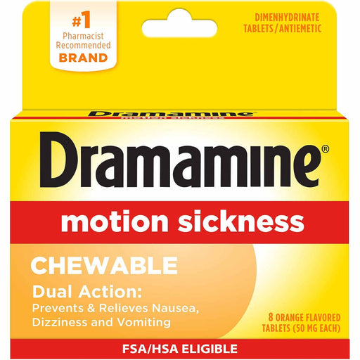 Dramamine motion sickness chewable tablets packaging box, orange flavor, 8 tablets, with a yellow and red design and a pharmacist recommended badge.