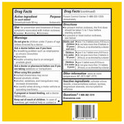 A yellow and white Dramamine Original motion sickness tablets 36 count drug facts label showing active ingredient, directions, warnings, and contact information in a structured table layout.