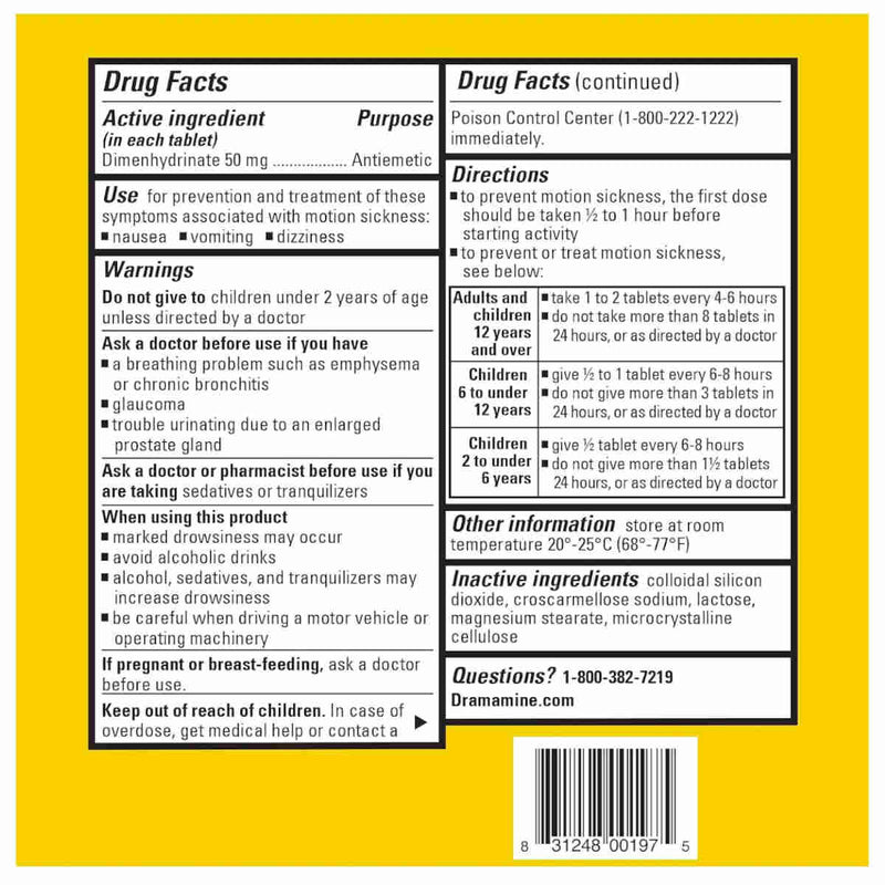 A yellow and white Dramamine Original motion sickness tablets 36 count drug facts label showing active ingredient, directions, warnings, and contact information in a structured table layout.