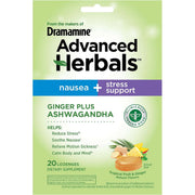 Green Dramamine Advanced Herbals package for ginger and ashwagandha lozenges, labeled for nausea and stress support, with tropical fruit imagery. The design feels calm and wellness-focused.
