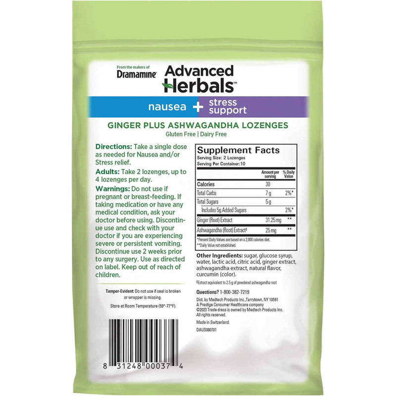 Back of a Dramamine Advanced Herbals Ginger Plus Ashwagandha Lozenge package, showing product text, supplement facts, barcode, and a light green background.