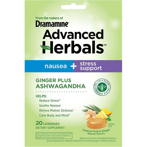 Green Dramamine Advanced Herbals package for ginger and ashwagandha lozenges, labeled for nausea and stress support, with tropical fruit imagery. The design feels calm and wellness-focused.